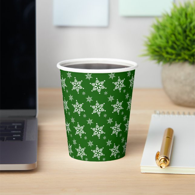 Snowflake Pattern, White Snowflakes, Snow, Green Paper Cups (Insitu)