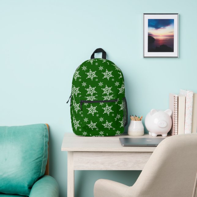 Snowflake Pattern, White Snowflakes, Snow, Green Printed Backpack (Insitu)