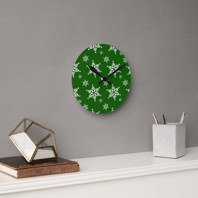 Snowflake Pattern, White Snowflakes, Snow, Green Round Clock (Office)