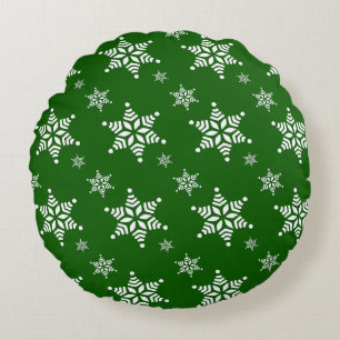Snowflake Pattern, White Snowflakes, Snow, Green Round Cushion
