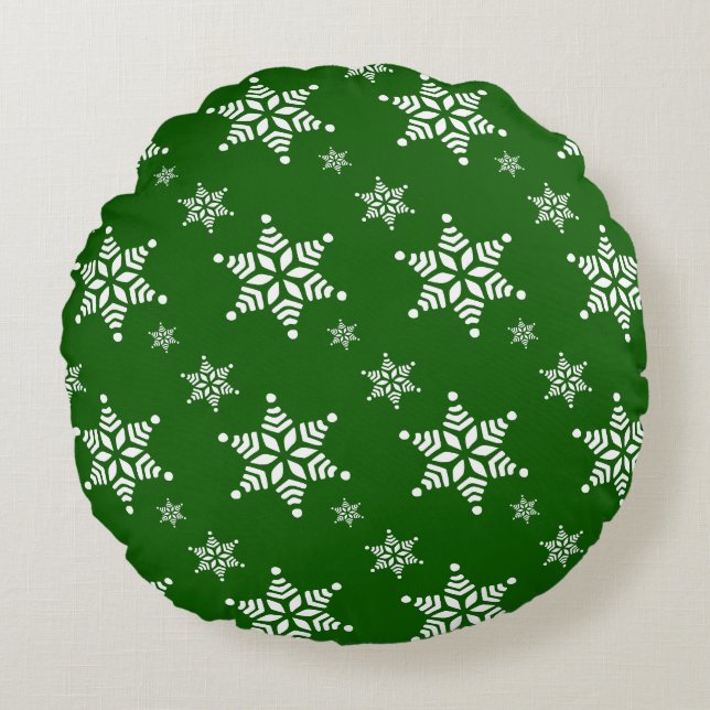 Snowflake Pattern, White Snowflakes, Snow, Green Round Cushion (Front)