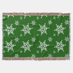 Snowflake Pattern, White Snowflakes, Snow, Green Throw Blanket