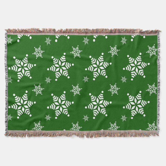 Snowflake Pattern, White Snowflakes, Snow, Green Throw Blanket (Front)