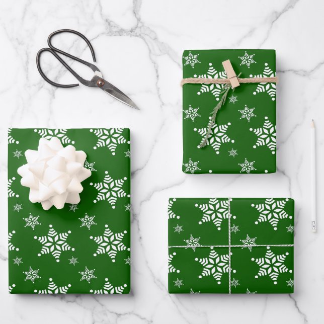 Snowflake Pattern, White Snowflakes, Snow, Green Wrapping Paper Sheet (Front)