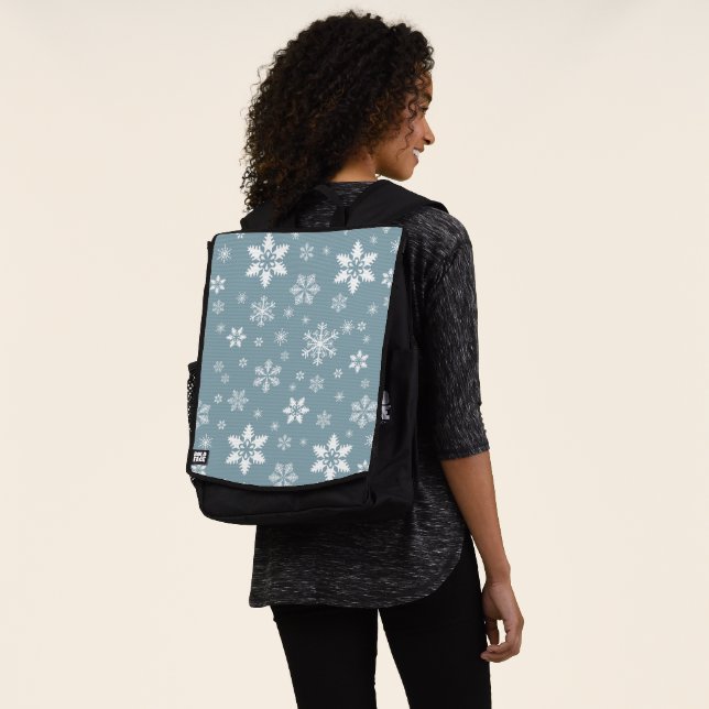 Snowflake Pattern, White Snowflakes, Snow, Grey Backpack (Worn)