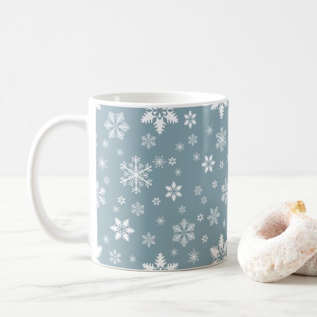 Snowflake Pattern, White Snowflakes, Snow, Grey Coffee Mug (With Donut)