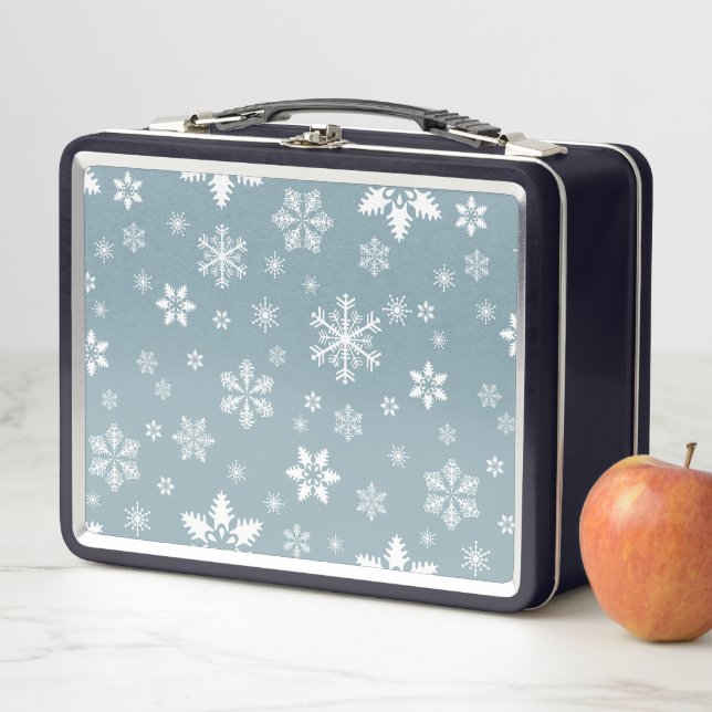 Snowflake Pattern, White Snowflakes, Snow, Grey Metal Lunch Box (In Situ)