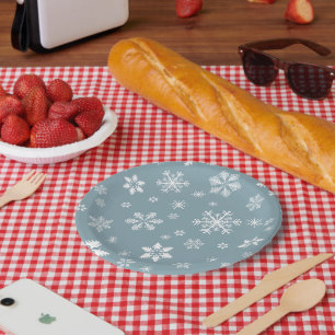 Snowflake Pattern, White Snowflakes, Snow, Grey Paper Plate
