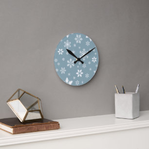 Snowflake Pattern, White Snowflakes, Snow, Grey Round Clock