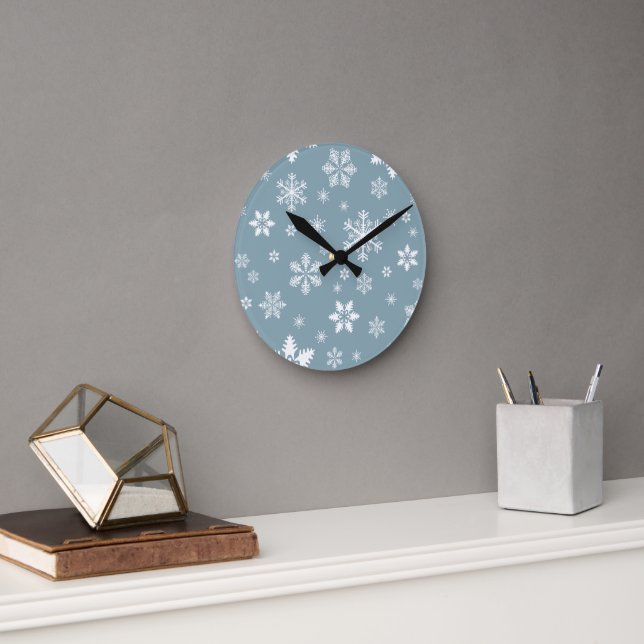 Snowflake Pattern, White Snowflakes, Snow, Grey Round Clock (Office)