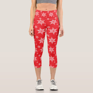 Snowflake Pattern, White Snowflakes, Snow, Red Capri Leggings