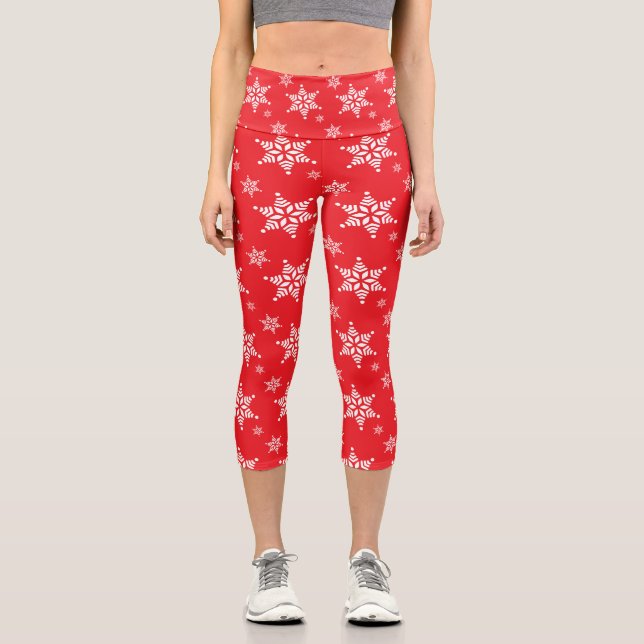 Snowflake Pattern, White Snowflakes, Snow, Red Capri Leggings (Front)