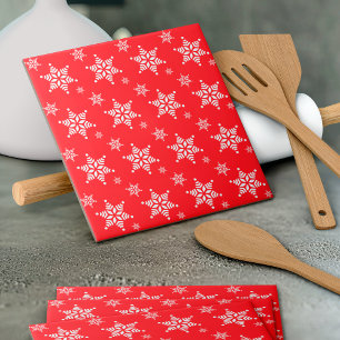 Snowflake Pattern, White Snowflakes, Snow, Red Ceramic Tile