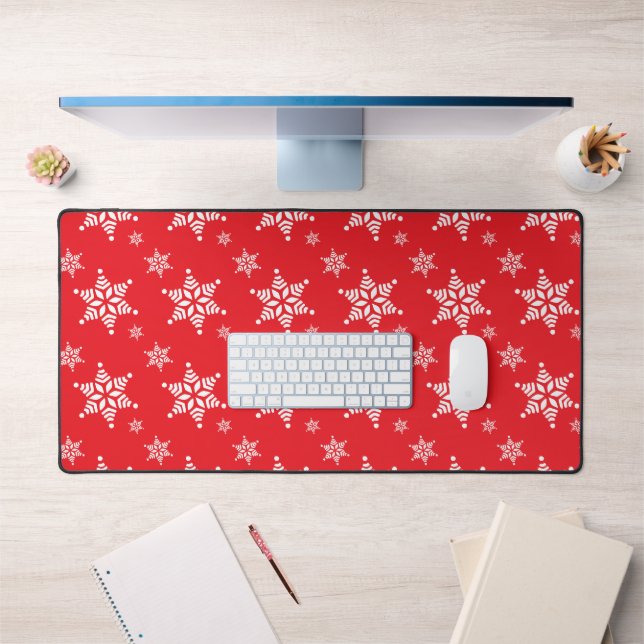 Snowflake Pattern, White Snowflakes, Snow, Red Desk Mat (Office 1)