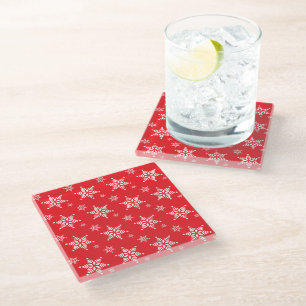 Snowflake Pattern, White Snowflakes, Snow, Red Glass Coaster