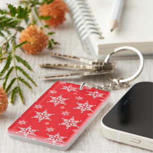 Snowflake Pattern, White Snowflakes, Snow, Red Key Ring