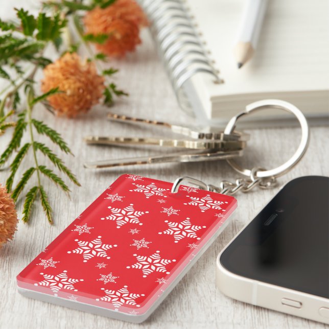 Snowflake Pattern, White Snowflakes, Snow, Red Key Ring (Front Right)