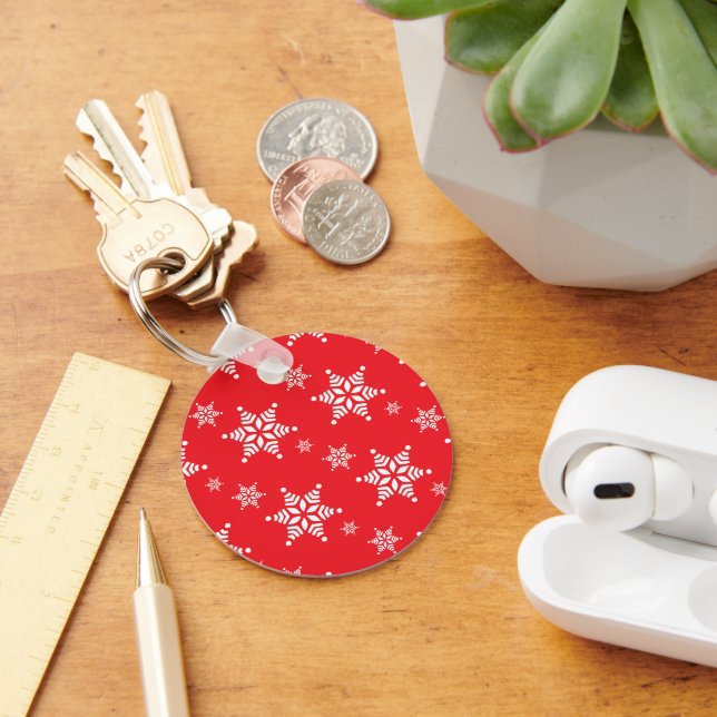 Snowflake Pattern, White Snowflakes, Snow, Red Key Ring (Desk)