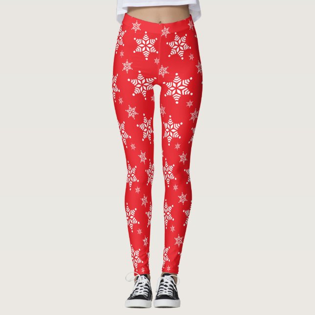 Snowflake Pattern, White Snowflakes, Snow, Red Leggings (Front)