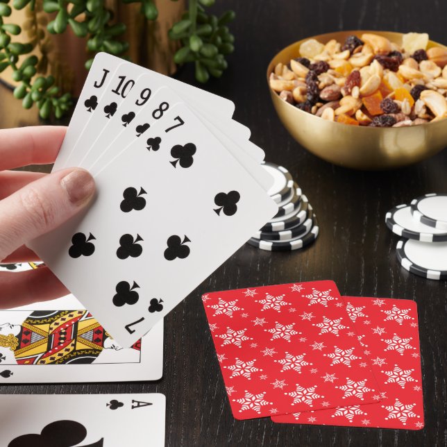 Snowflake Pattern, White Snowflakes, Snow, Red Playing Cards (In Situ)