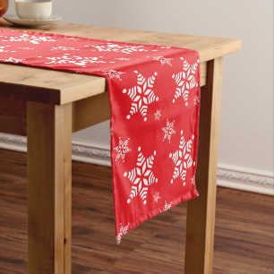 Snowflake Pattern, White Snowflakes, Snow, Red Short Table Runner
