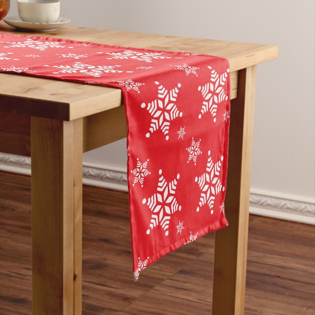Snowflake Pattern, White Snowflakes, Snow, Red Short Table Runner (In Situ)
