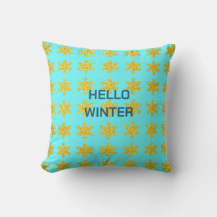 Snowflake Patterns Winter Typography Gold Blue Cushion