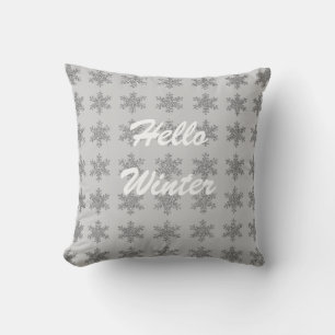 Snowflake Patterns Winter Typography Grey Sparkle Cushion