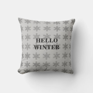 Snowflake Patterns Winter Typography Sparkle Grey Cushion