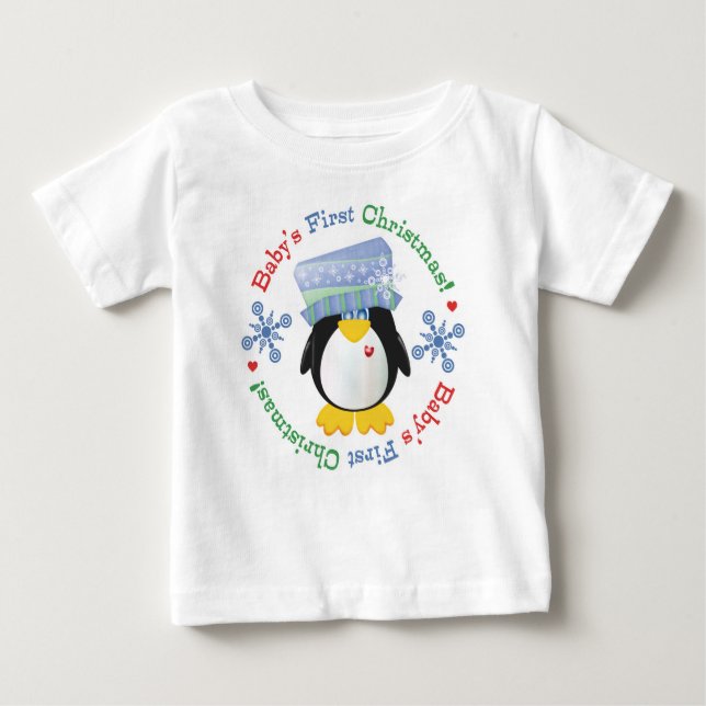 Snowflake Penguin Baby's First Christmas Baby T-Shirt (Front)