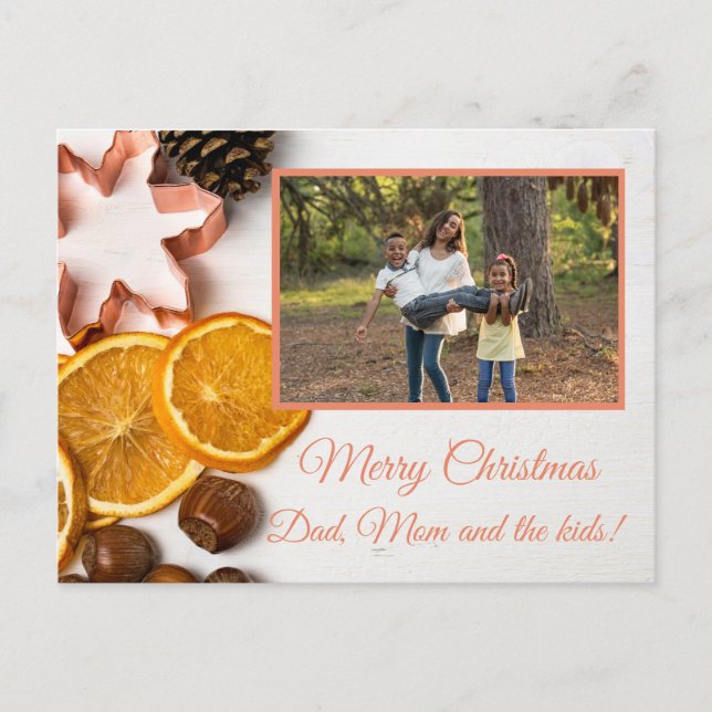 Snowflake pine cones fruit Family Photo Christmas Holiday Postcard (Front)