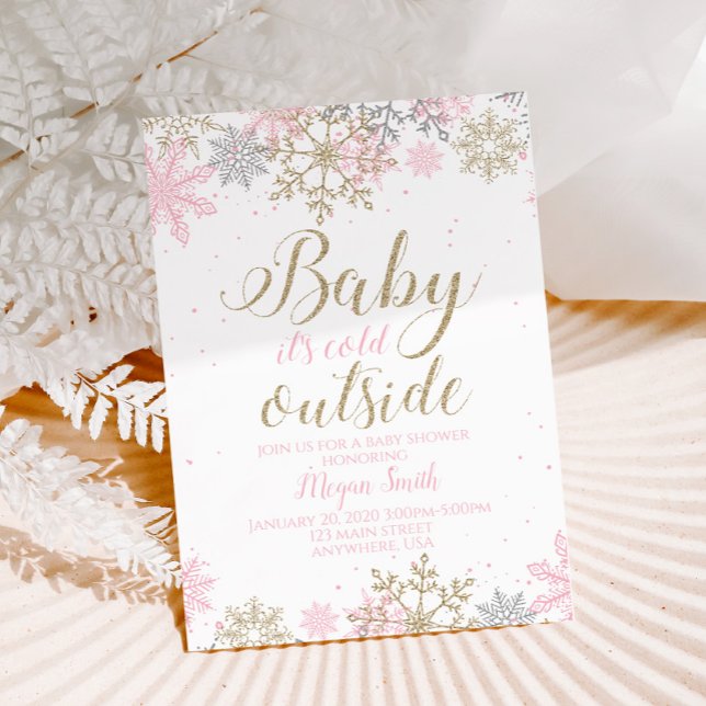 Snowflake Pink and Gold Glitter Winter Baby Shower Invitation (Creator Uploaded)