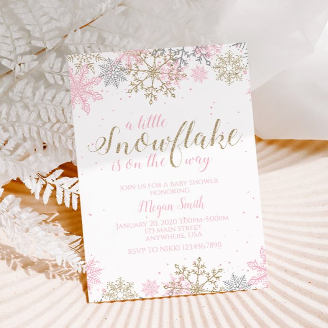 Snowflake Pink and Gold Glitter Winter Baby Shower Invitation (Creator Uploaded)