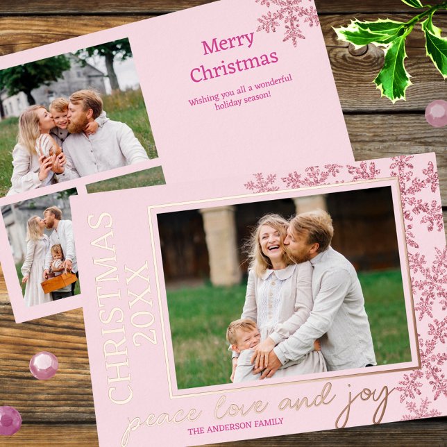 Snowflake Pink Glam 4 Photo Year Chic Rose Gold Foil Holiday Card (Add 4 of your favorite photos for unique custom Christmas cards)