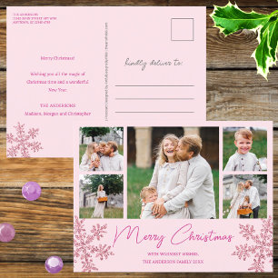 Snowflake Pink Glam 5 Family Photo Christmas Holiday Postcard