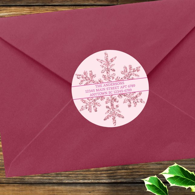 Snowflake Pink Glam Chic Rustic Envelope Seal (Use these pink snowflake stickers as combo address labels and envelope seals or add your own text)