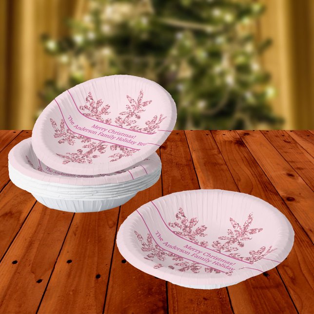 Snowflake Pink Glam Cute Christmas Party Paper Plate (Festive Christmas paper bowls with faux sparkle pink snowflakes... what could be more fun?)