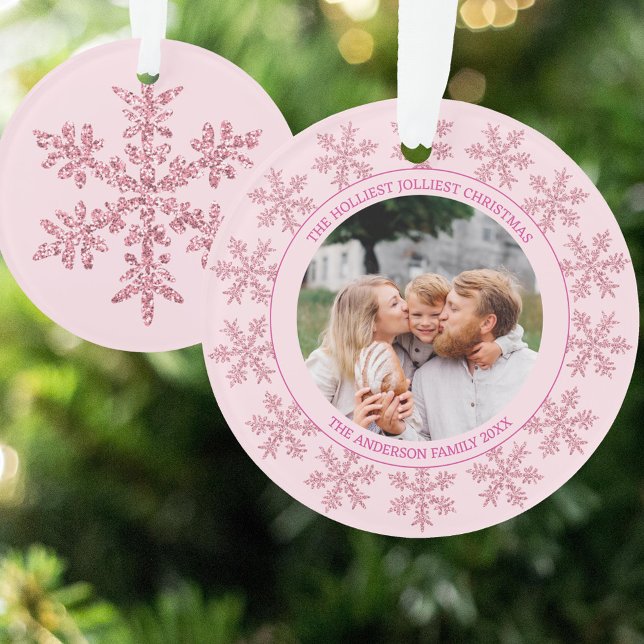 Snowflake Pink Glam Cute Christmas Round Photo Ornament (Your photo on one side and a single faux glitter pink snowflake on the reverse)