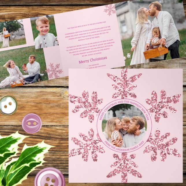 Snowflake Pink Glam Unique 7 Pic Multi Photo Tri-Fold Holiday Card (Personalizing is as easy as adding your photos and text via the templates)