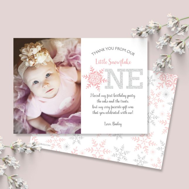 Snowflake Pink Glitter 1st Birthday Thank You Card (Creator Uploaded)