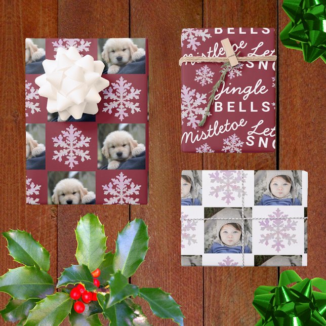 Snowflake Pink Opal Christmas 2 Photo Typography Wrapping Paper Sheet (Creator Uploaded)