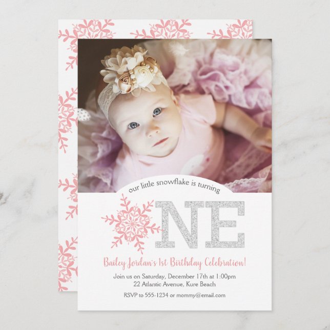 Snowflake Pink Silver  Glitter 1st Birthday Photo Invitation (Front/Back)