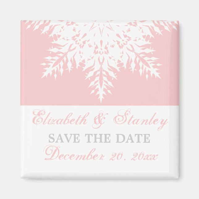 Snowflake pink winter wedding Save the Date Magnet (Front)