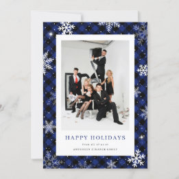 Snowflake Plaid Blue Photo Corporate Business Holiday Card