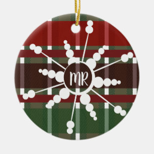 Snowflake Plaid Monogram Christmas Present Photo Ceramic Ornament