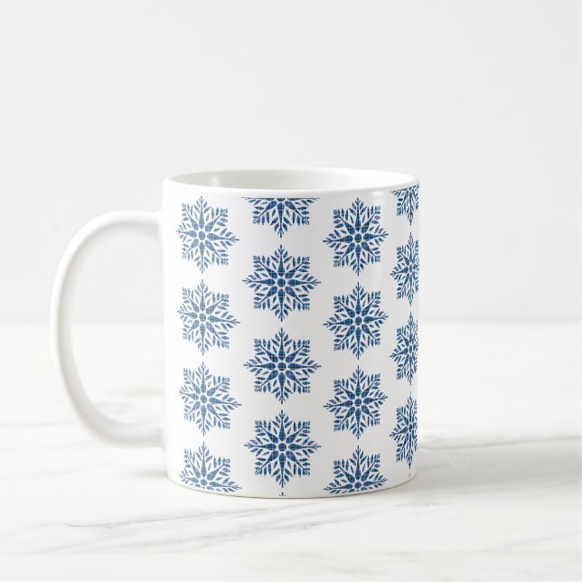 Snowflake Plaid Pattern Blue Holiday Coffee Mug (Left)