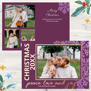 Snowflake Plum Bling 4 Photo Year Chic Gold Foil Holiday Card