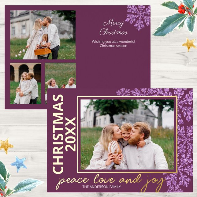 Snowflake Plum Bling 4 Photo Year Chic Gold Foil Holiday Card (Faux glitter snowflakes and real gold foil printing makes these purple Christmas cards stand out)