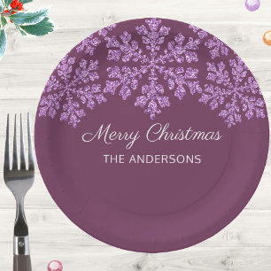 Snowflake Plum Bling Celebration Christmas Paper Plate