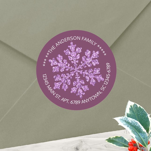 Snowflake Plum Bling Chic Rustic Personalised Classic Round Sticker (Plum purple round stickers with your name and address in white can be used as envelope seals too)